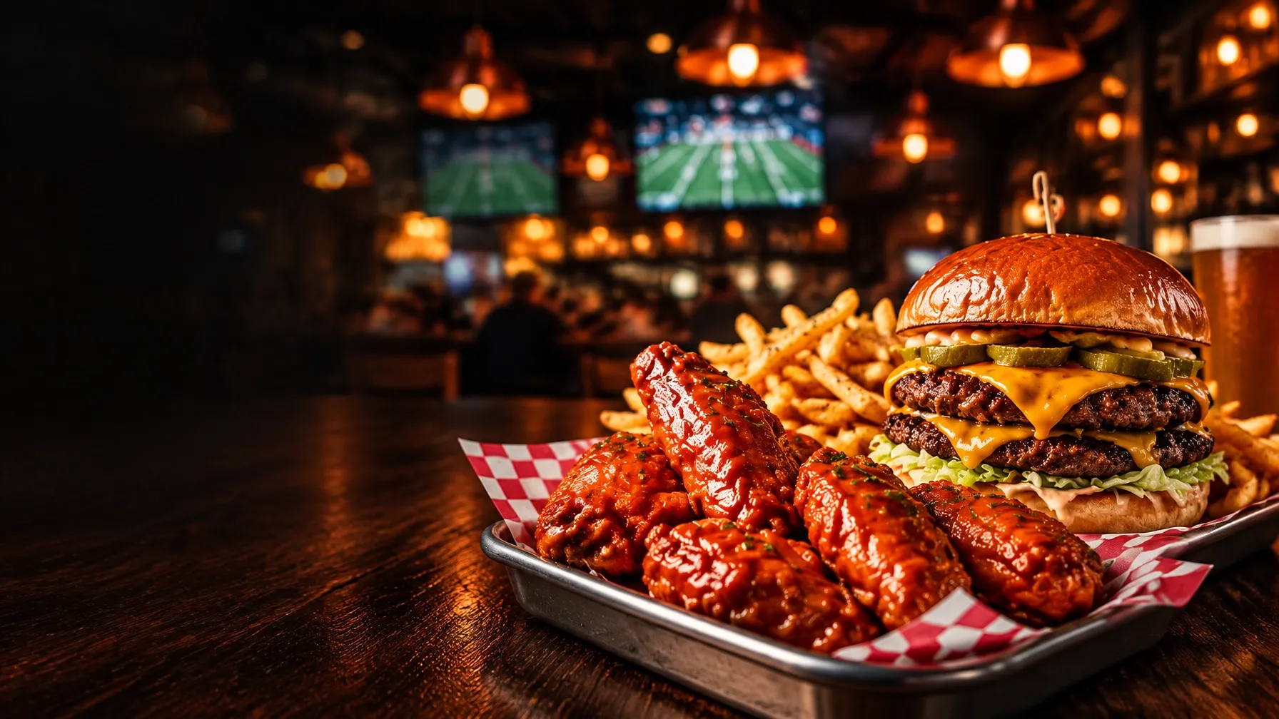 Buffalo wings and a juicy cheeseburger at Copper Still Moonshine Grill with the game on in the background